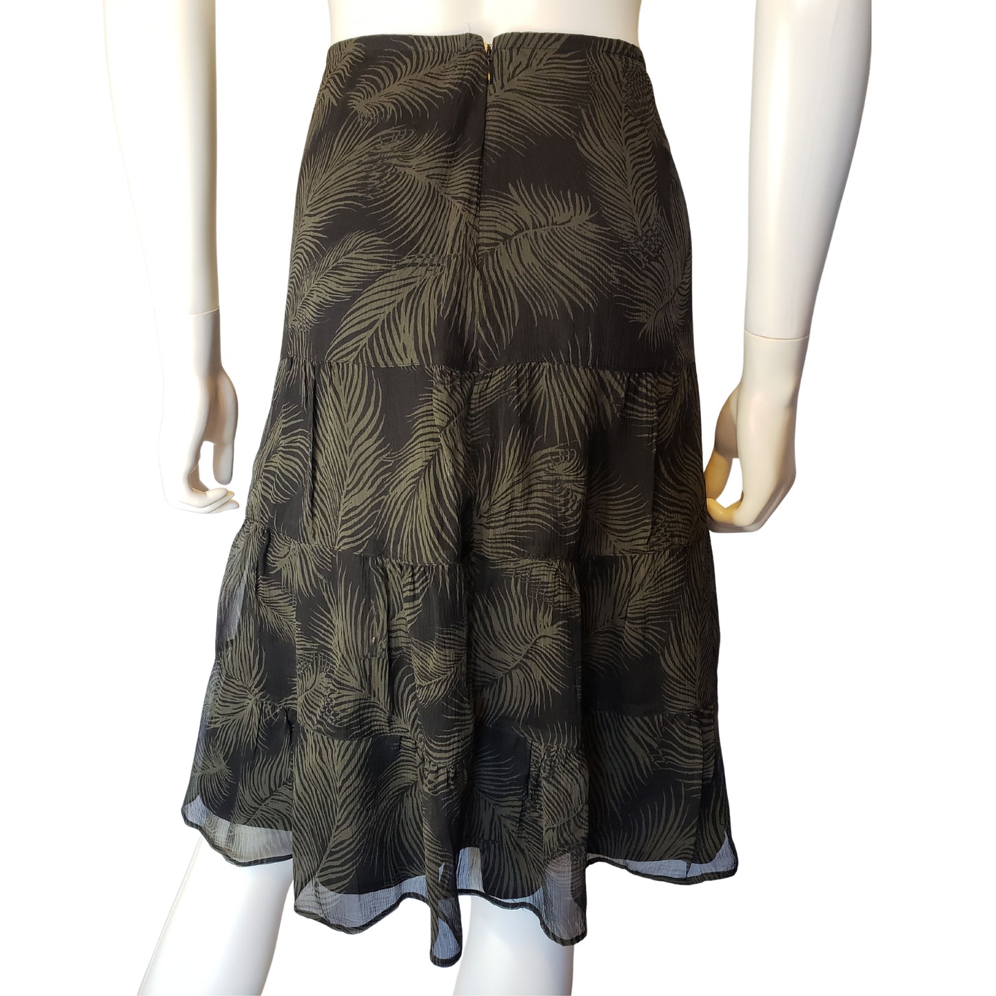 J. CREW Black Below Knee Tiered Skirt with Olive Green Palm Pattern, Size 8