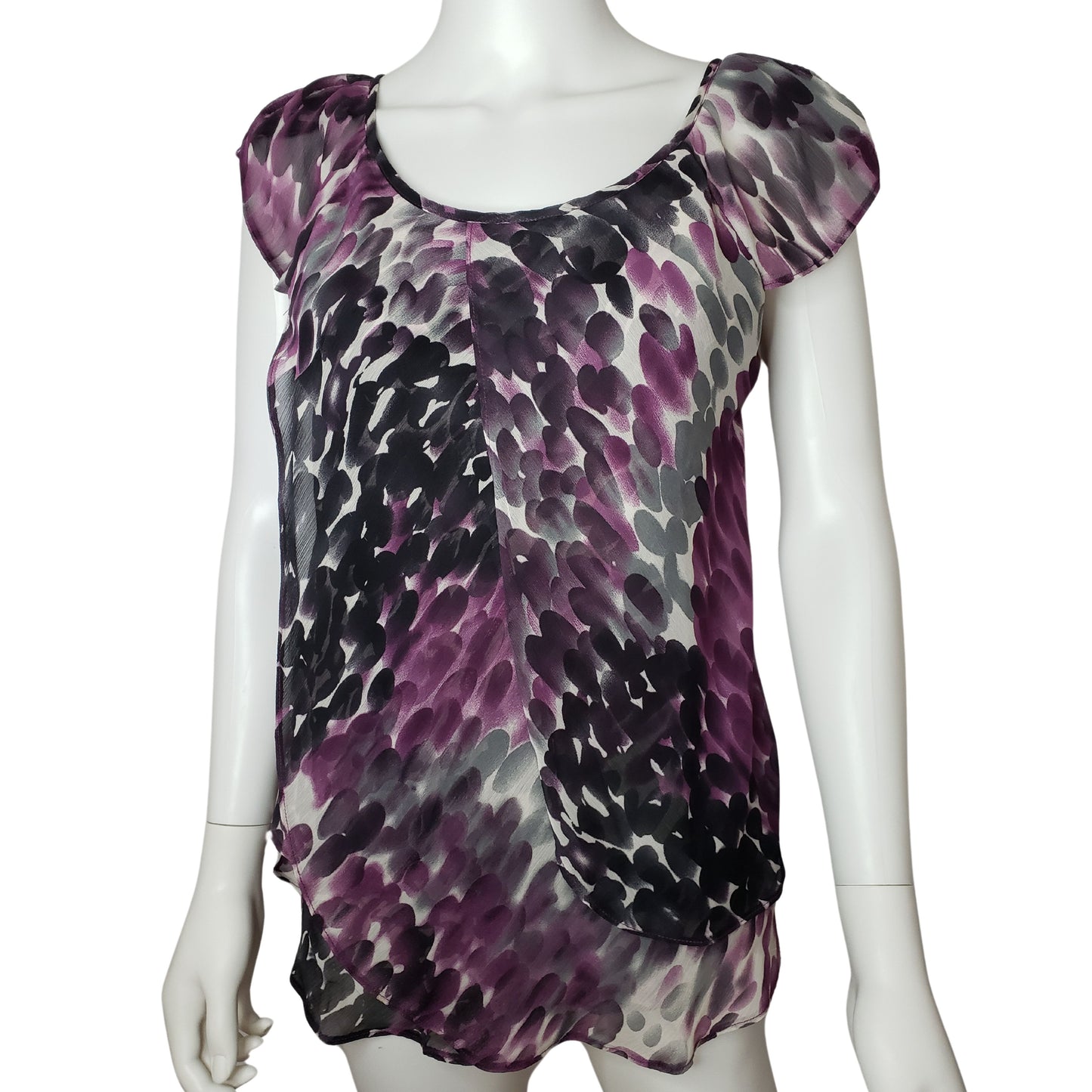 ROZ & ALI Purple and Black Watercolor Drops Tank with Tulip Hem, Small