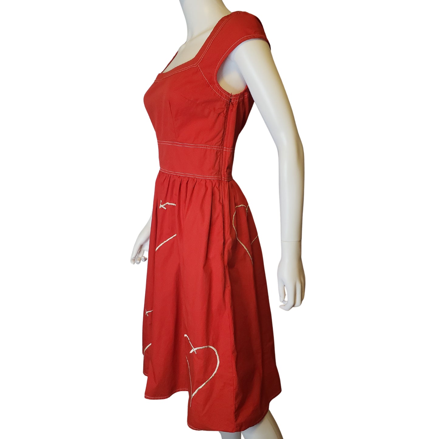 ESHAKTI Red Apron Dress with Embroidered Hearts, M Size 8