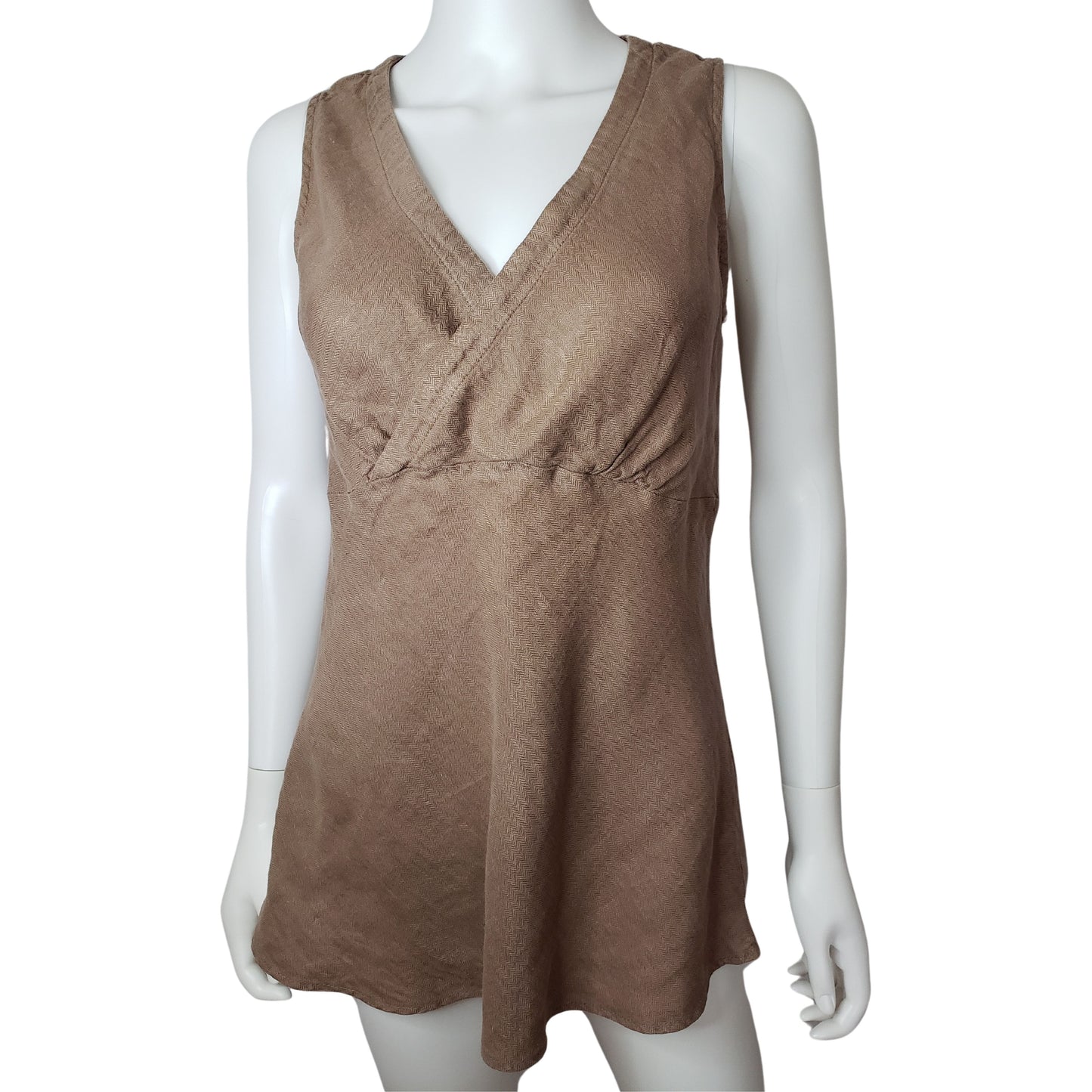 TIANELLO 100% Toffee Linen V Neck Tank, XS