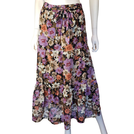 AMISU Shin Length Tiered Skirt with Colorful Floral Pattern and Tie at Waist, Size 4