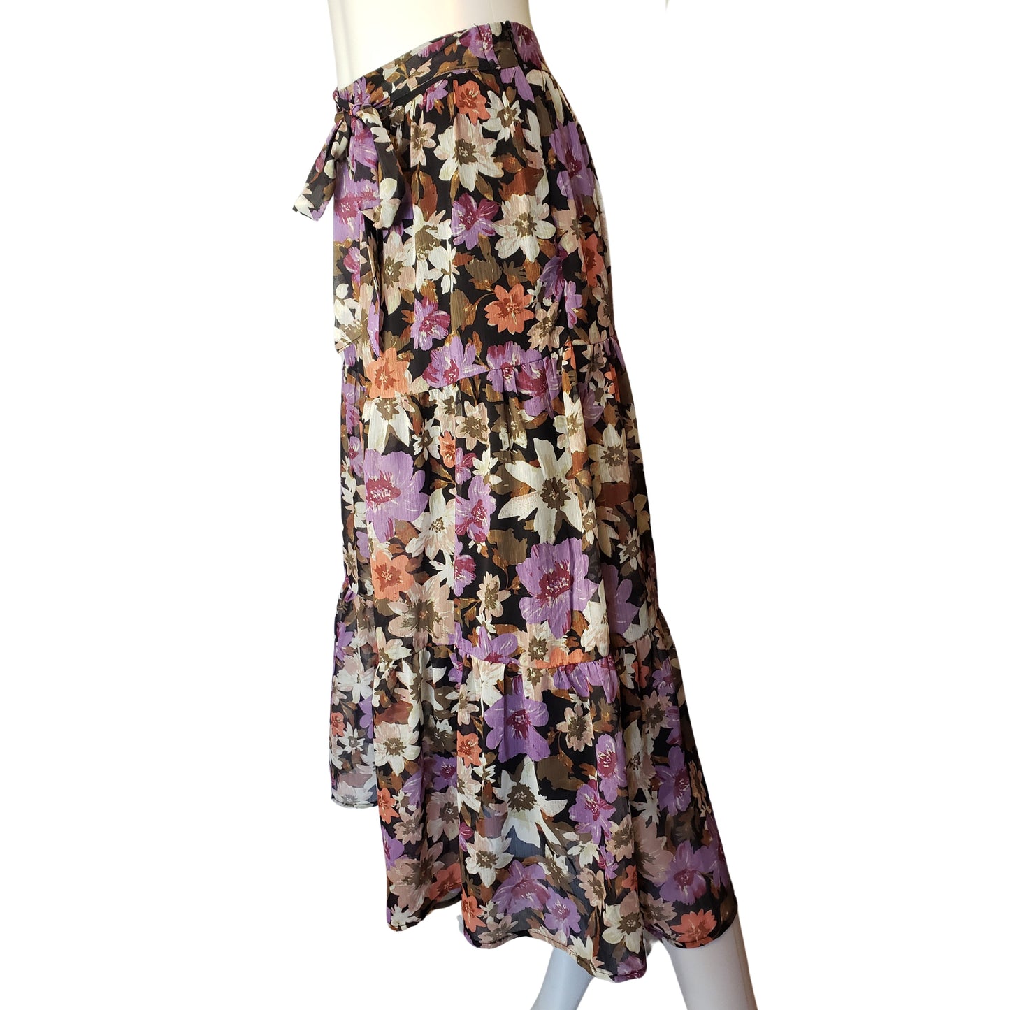 AMISU Shin Length Tiered Skirt with Colorful Floral Pattern and Tie at Waist, Size 4