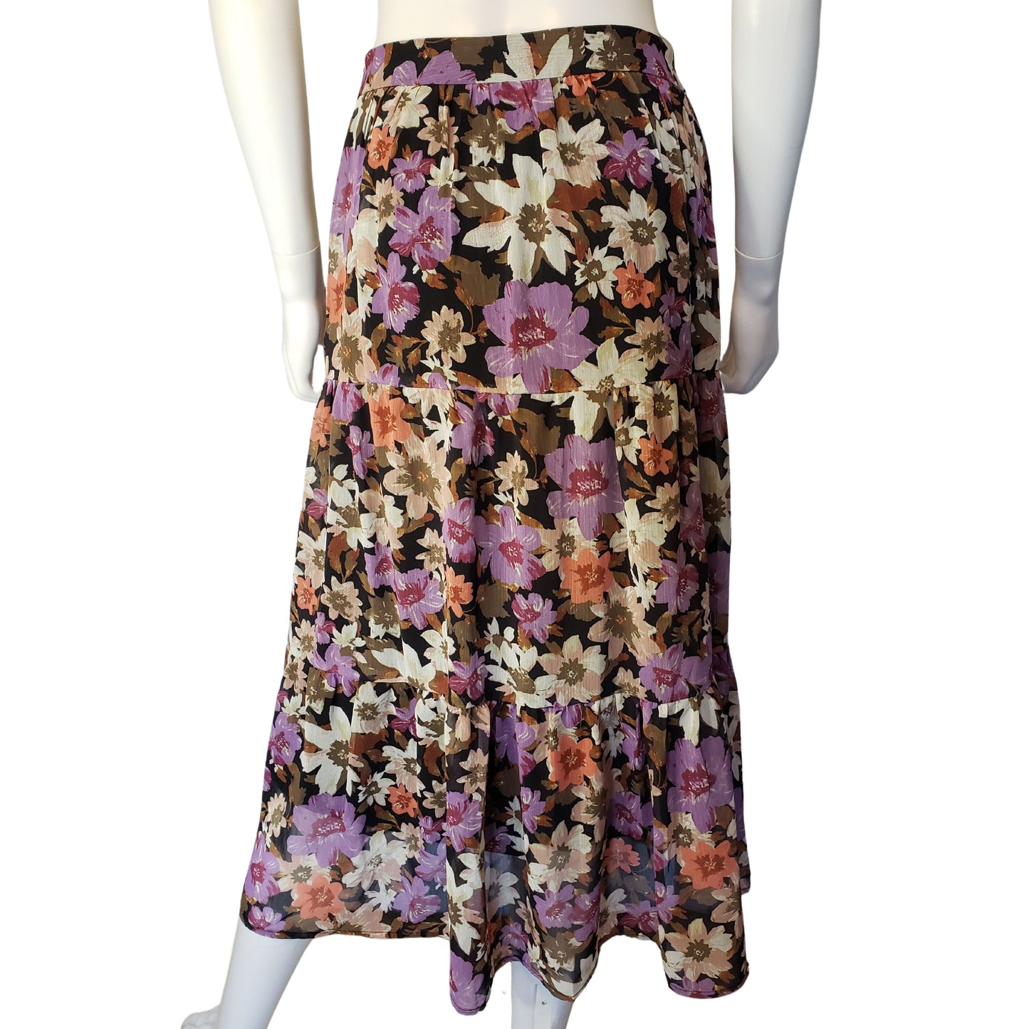 AMISU Shin Length Tiered Skirt with Colorful Floral Pattern and Tie at Waist, Size 4