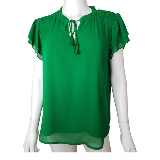 CECE Irish Green Short Sleeve Shirt with Double Petal Sleeves, Ruffled Collar, and Tassels, Large