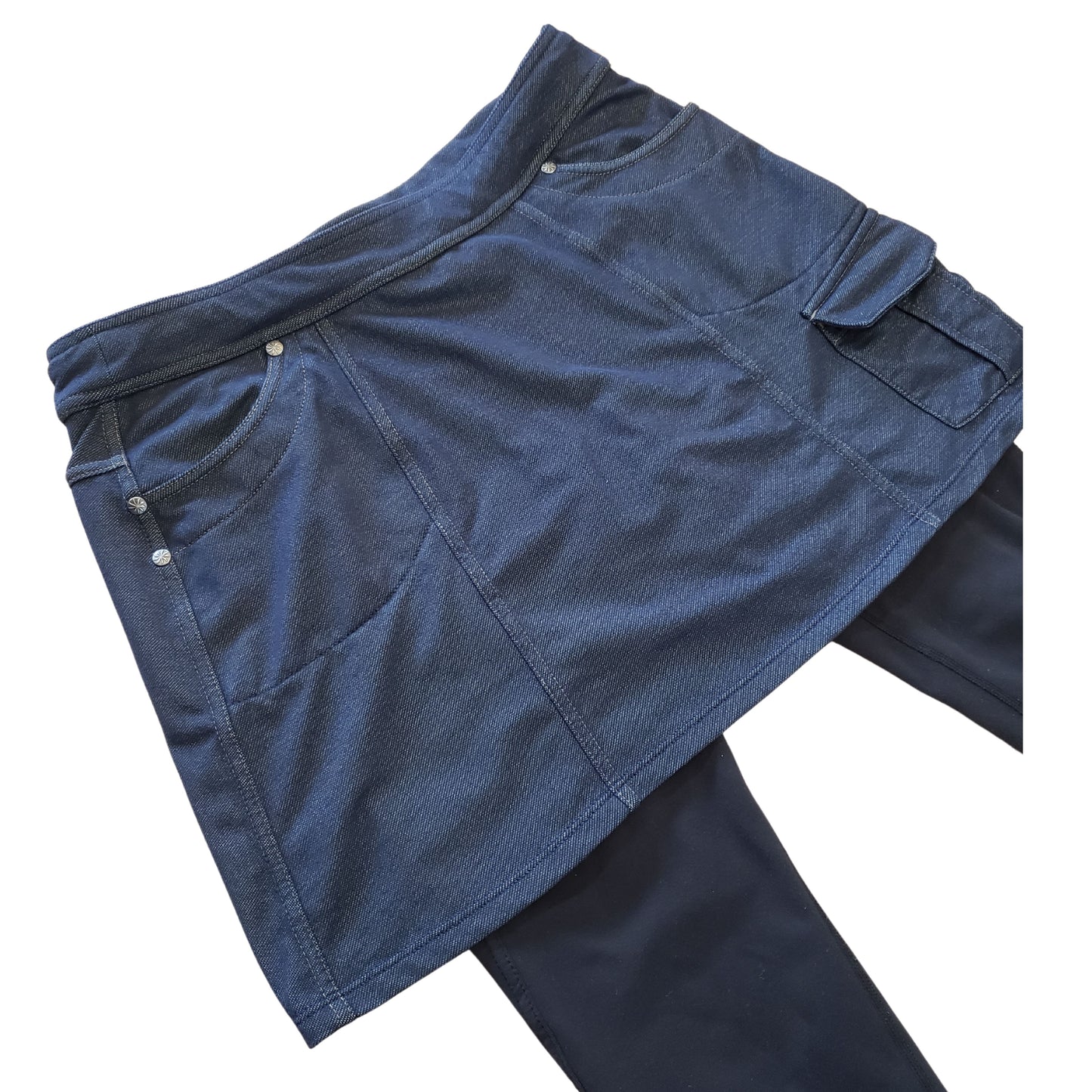 ATHLETA Dark Blue Faux Jean Skirt with Attached Shin Length Black Leggings, Small