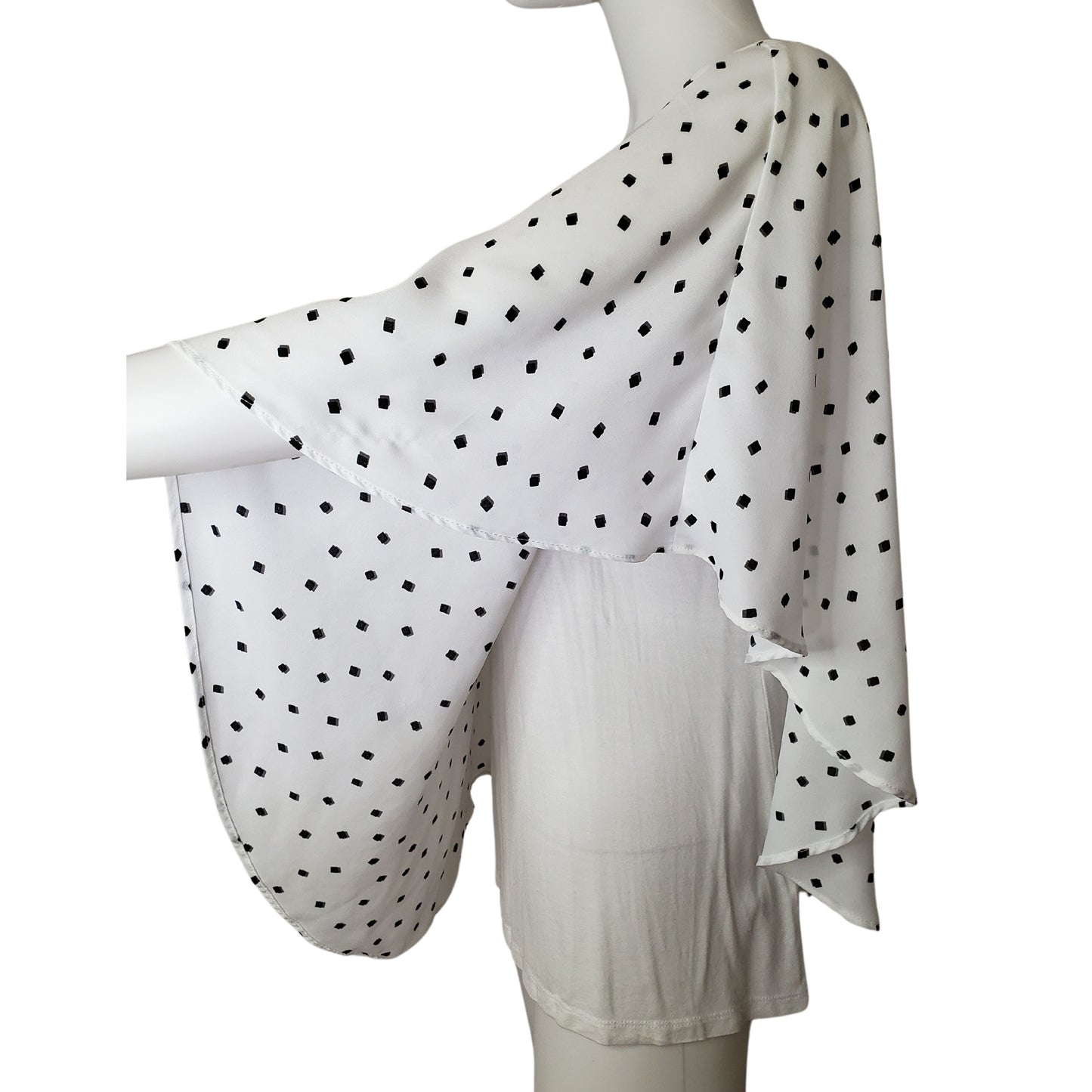 ELLE White Shawl Cape Shirt with Black Squares and Built-in Cami, Large