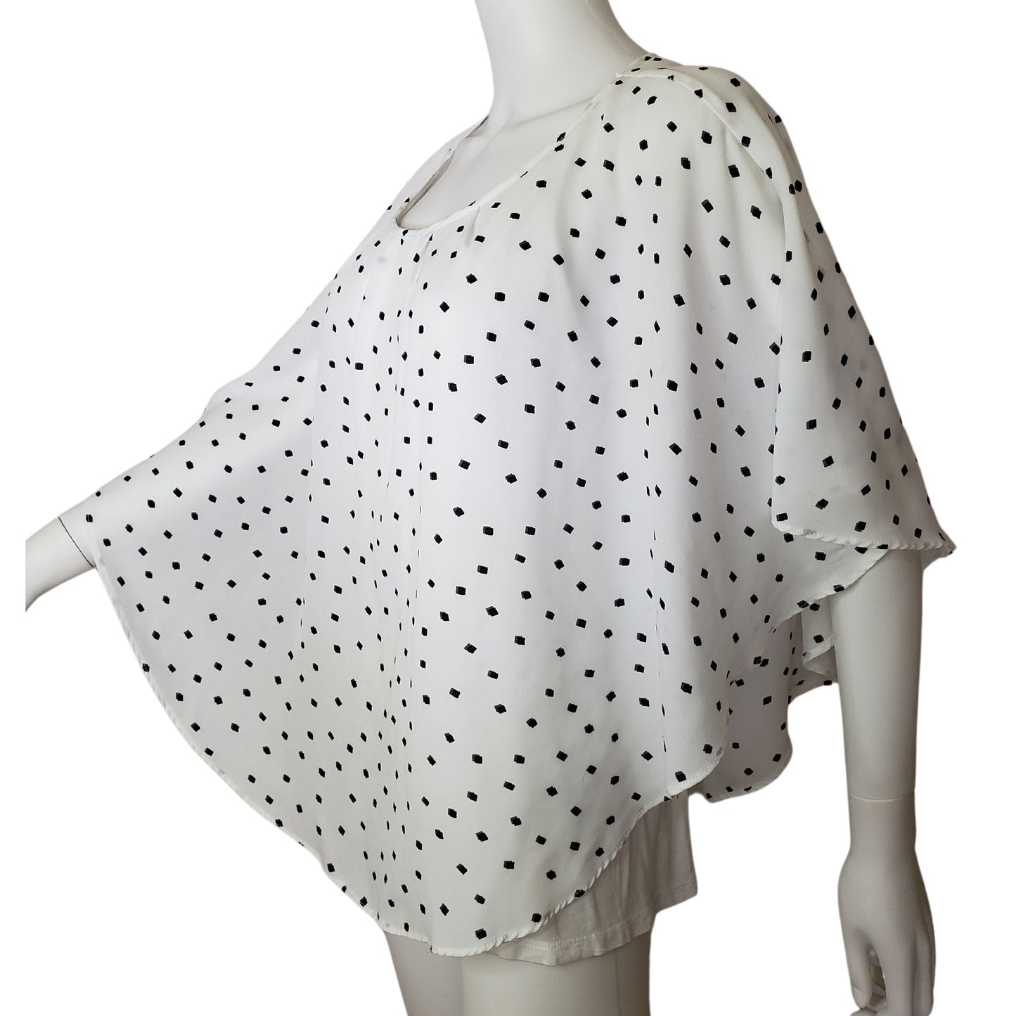 ELLE White Shawl Cape Shirt with Black Squares and Built-in Cami, Large