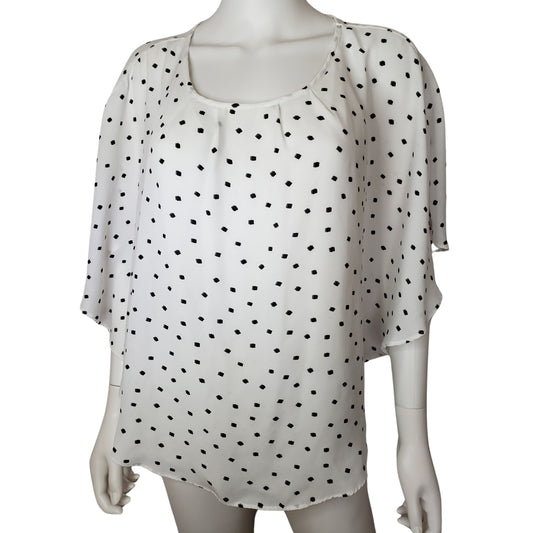 ELLE White Shawl Cape Shirt with Black Squares and Built-in Cami, Large