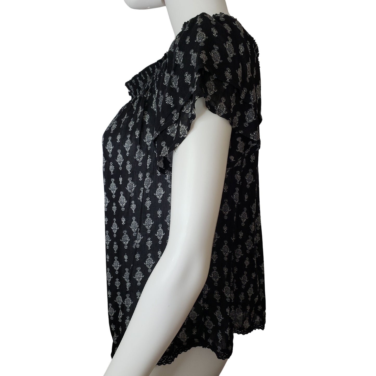 XHILIRATION On or Off Shoulder Black Shirt with White Jewel Pattern and Double Petal Sleeves, Small