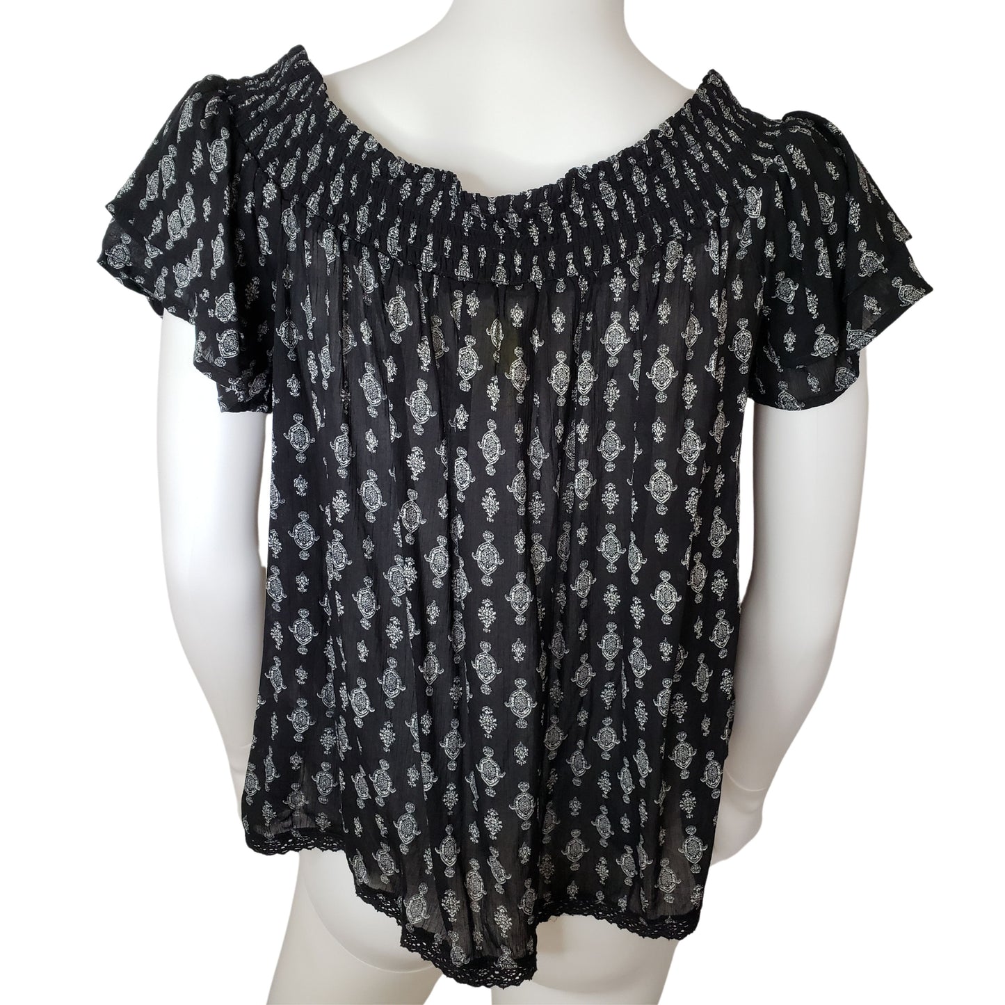 XHILIRATION On or Off Shoulder Black Shirt with White Jewel Pattern and Double Petal Sleeves, Small