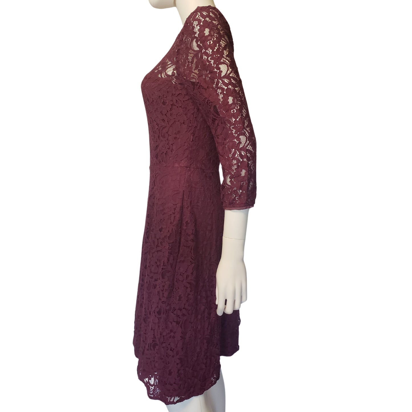 WHITE HOUSE BLACK MARKET Plum Lace A-Line Dress with 3/4 Sleeves, Size 8