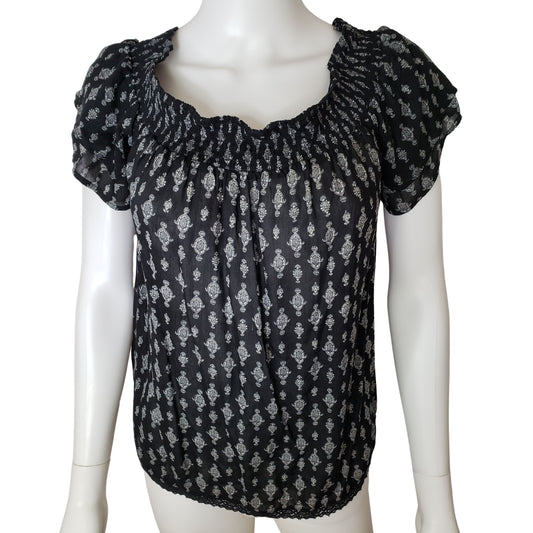 XHILIRATION On or Off Shoulder Black Shirt with White Jewel Pattern and Double Petal Sleeves, Small