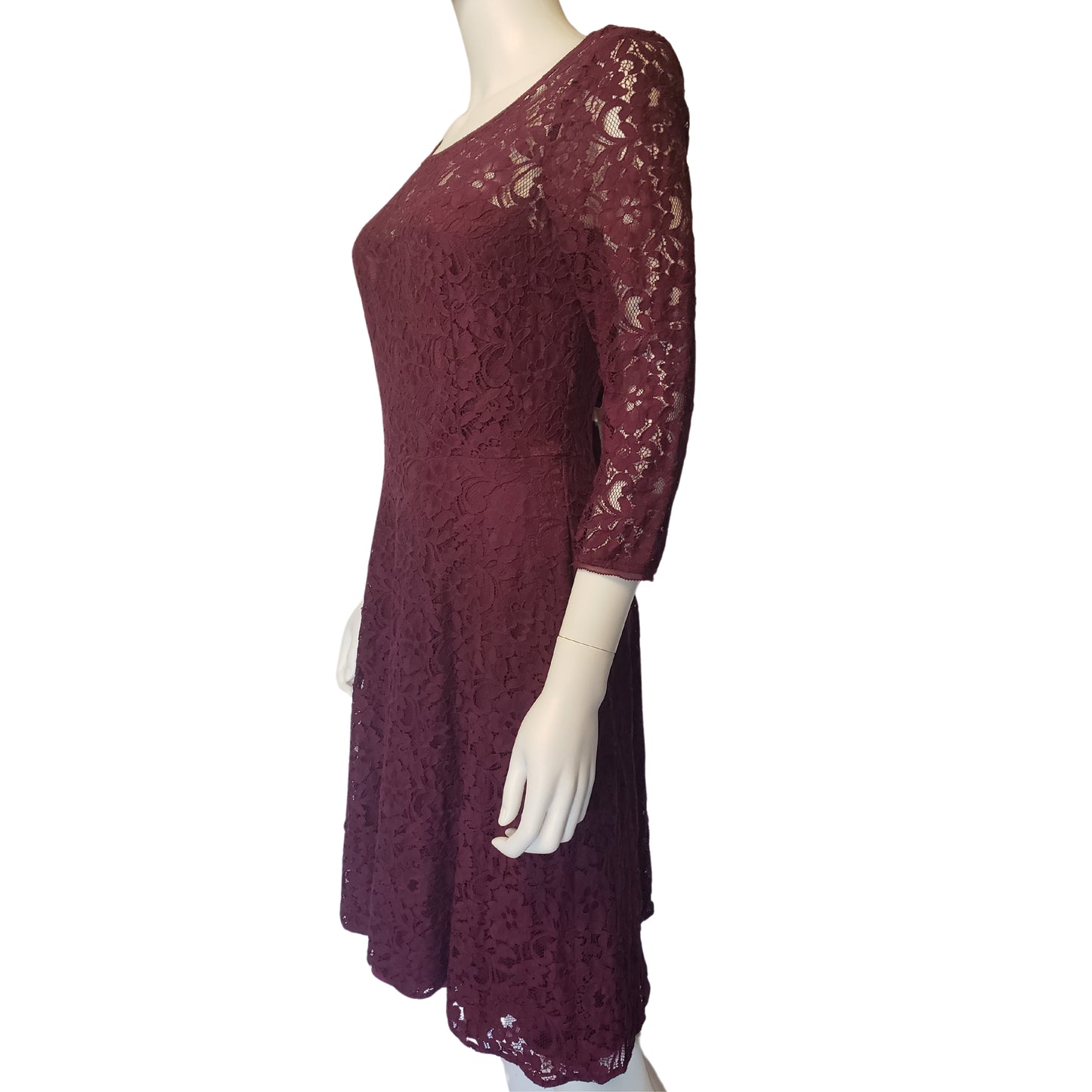 WHITE HOUSE BLACK MARKET Plum Lace A-Line Dress with 3/4 Sleeves, Size 8