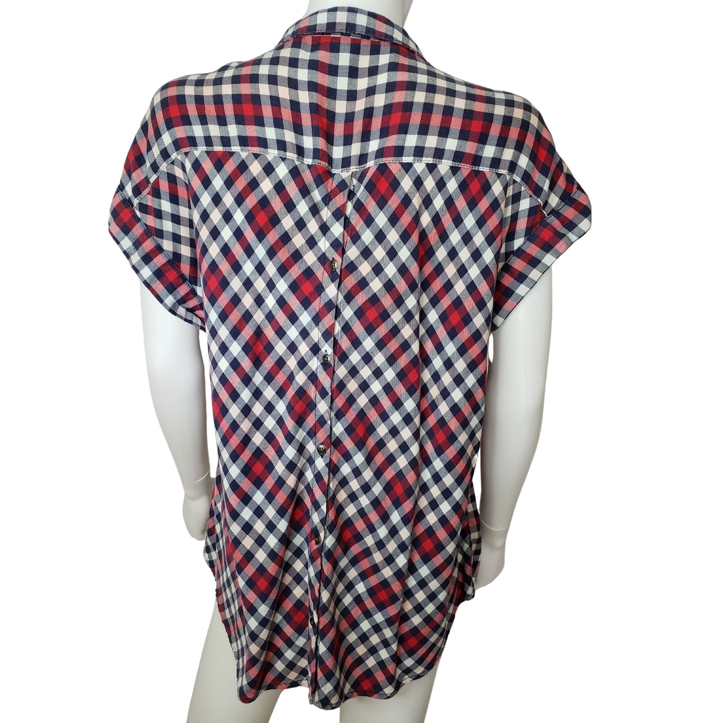 MAURICES Forever Freedom Red, White & Blue Checkered Short Sleeve, Button Up Shirt, Large