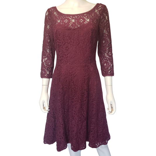 WHITE HOUSE BLACK MARKET Plum Lace A-Line Dress with 3/4 Sleeves, Size 8