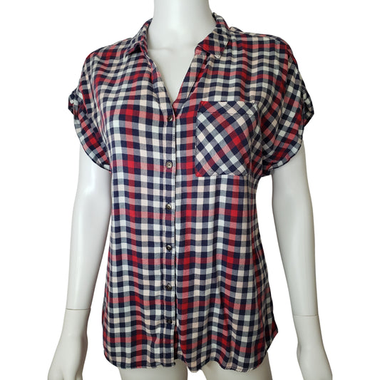 MAURICES Forever Freedom Red, White & Blue Checkered Short Sleeve, Button Up Shirt, Large