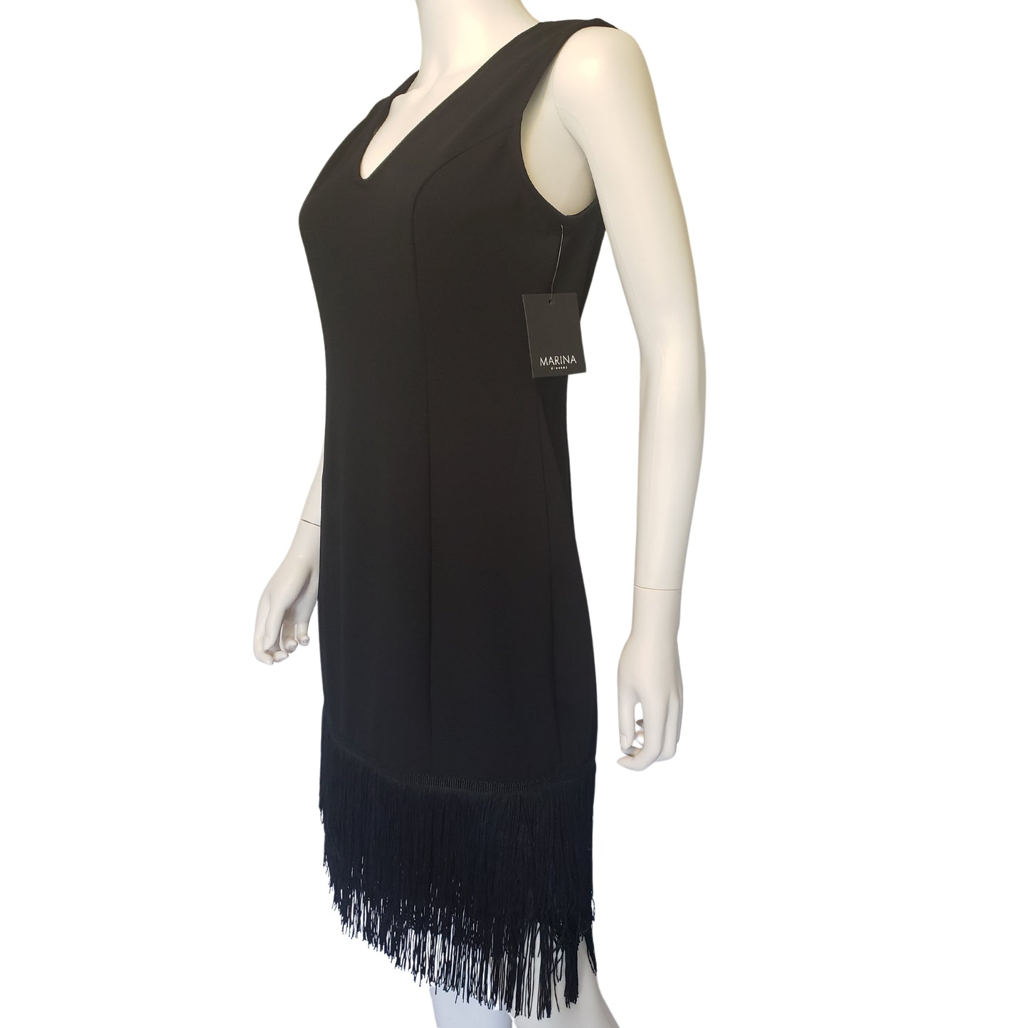 MARINA Black Flapper Sleeveless Dress with V Neck, Small