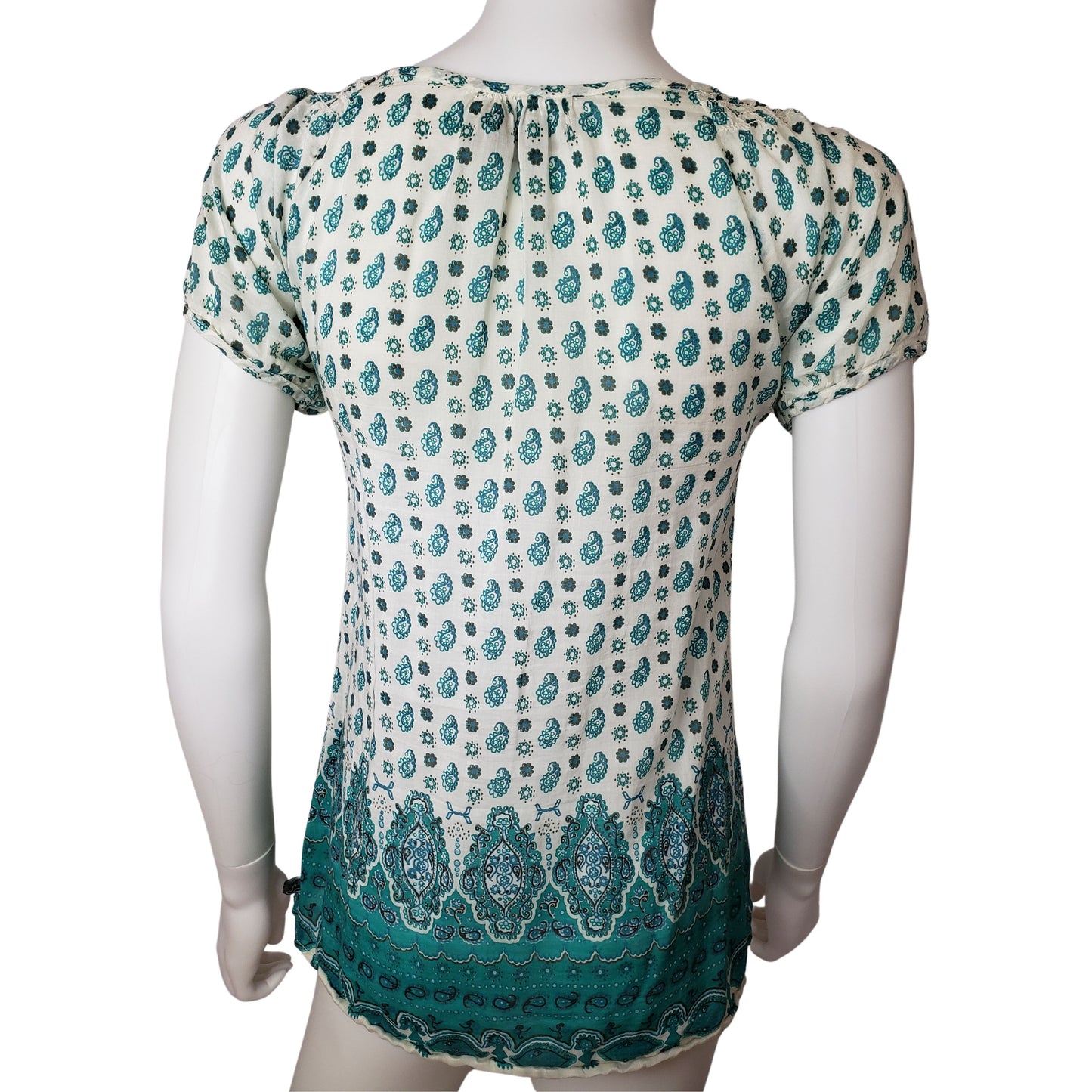 PRANA Boho Hippie Aqua Paisleys Short Sleeve, Small