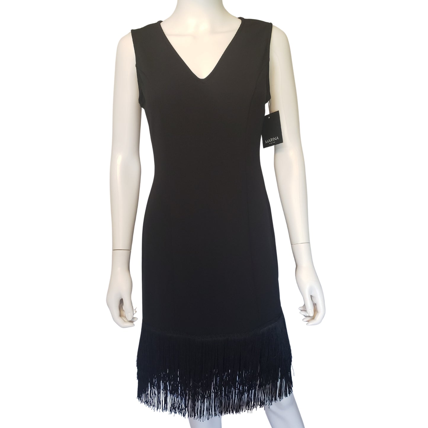 MARINA Black Flapper Sleeveless Dress with V Neck, Small