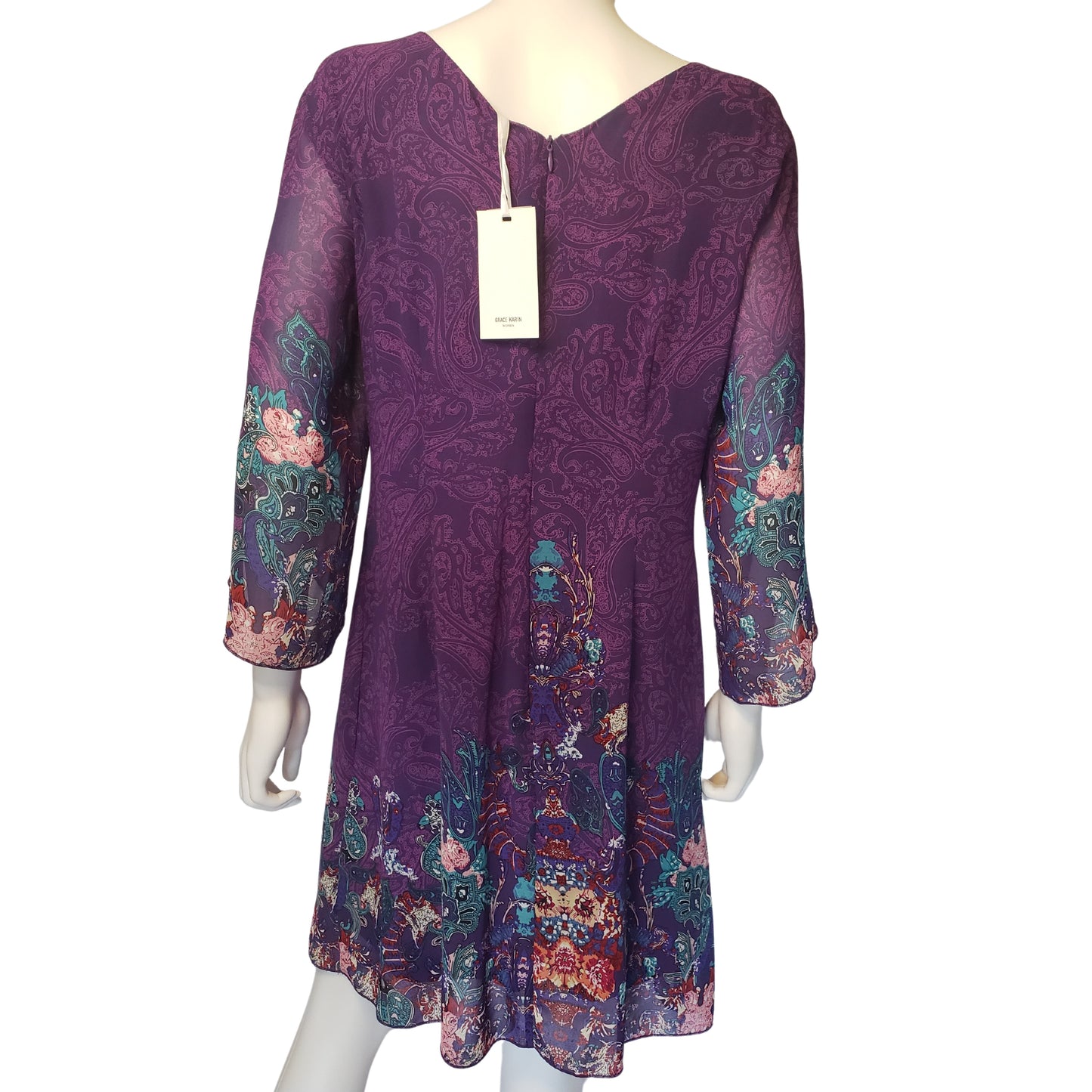 GRACE KARIN Purple Paisley Dress with Petal Cape Sleeves, Large