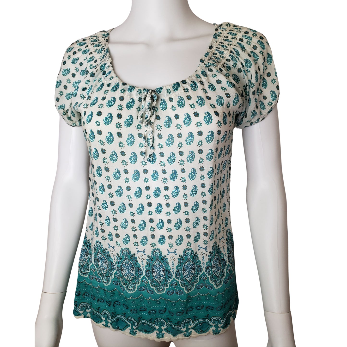 PRANA Boho Hippie Aqua Paisleys Short Sleeve, Small