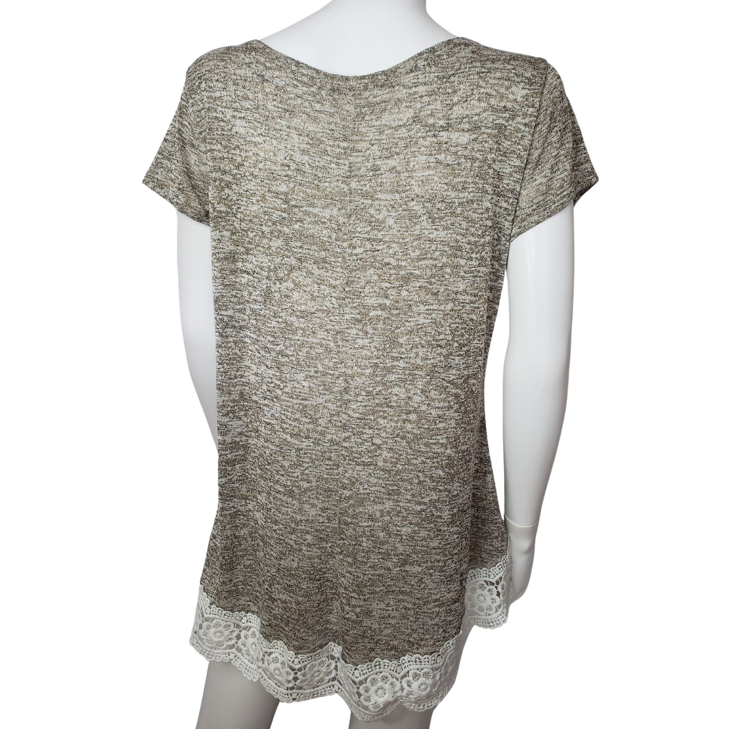 ECOWISH Chic Short Sleeve "T-Shirt" in Beige Colors with Crocheted Hem, Large