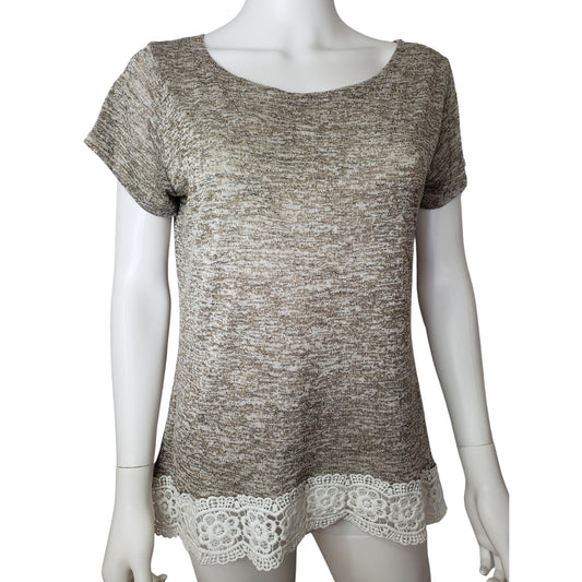 ECOWISH Chic Short Sleeve "T-Shirt" in Beige Colors with Crocheted Hem, Large