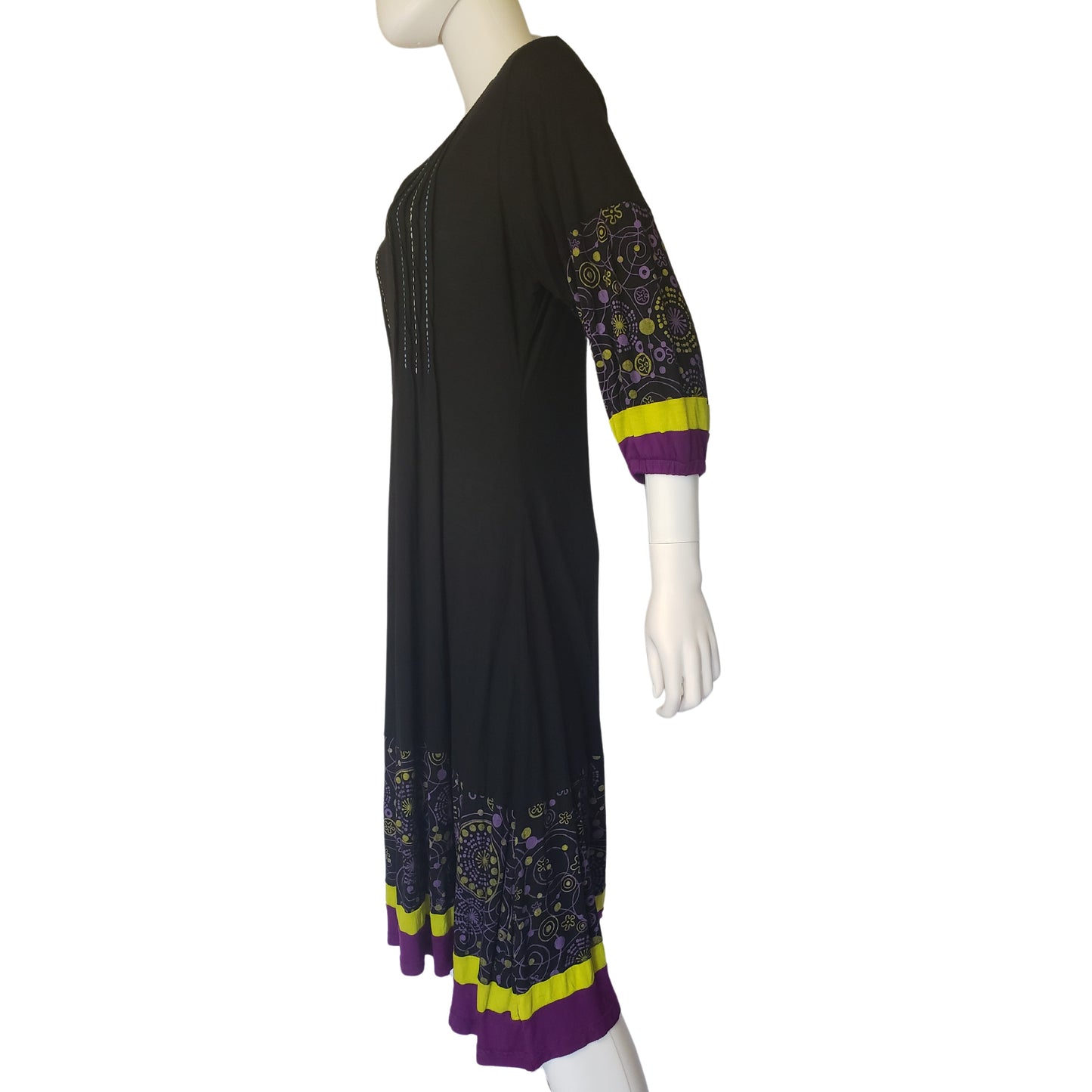 RISING INTERNATIONAL Black Boho Princess Tunic Dress with 3/4 Peasant Sleeves, Large