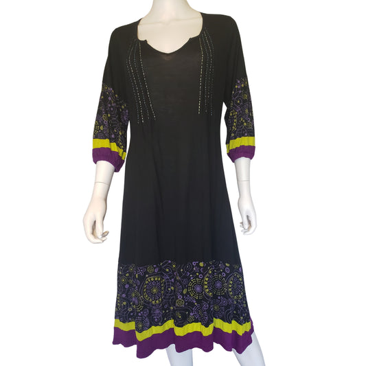 RISING INTERNATIONAL Black Boho Princess Tunic Dress with 3/4 Peasant Sleeves, Large