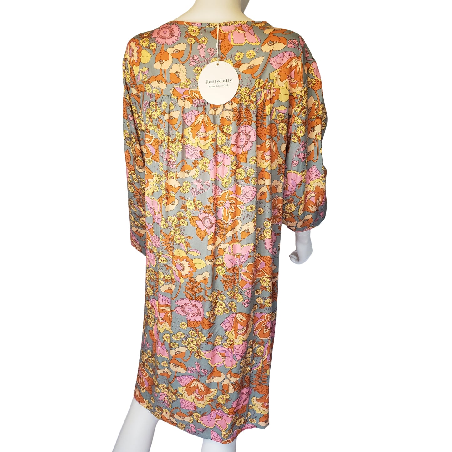 RUSTTYDUSTTY Bohemian Floral Tunic Dress with Long Peasant Sleeves, 2XL