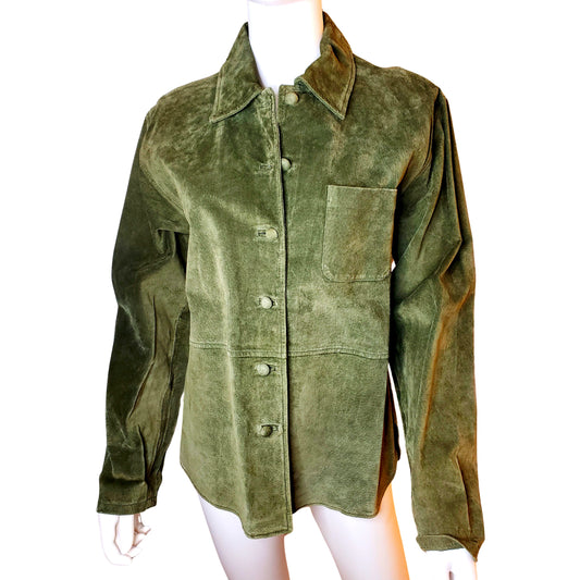 LISA INTERNATIONAL Olive Green Long Sleeve Suede Button Up Jacket, Medium