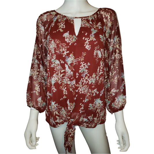 WEST KEI Burgundy Flowers Shirt with Bishop Sleeves, Large