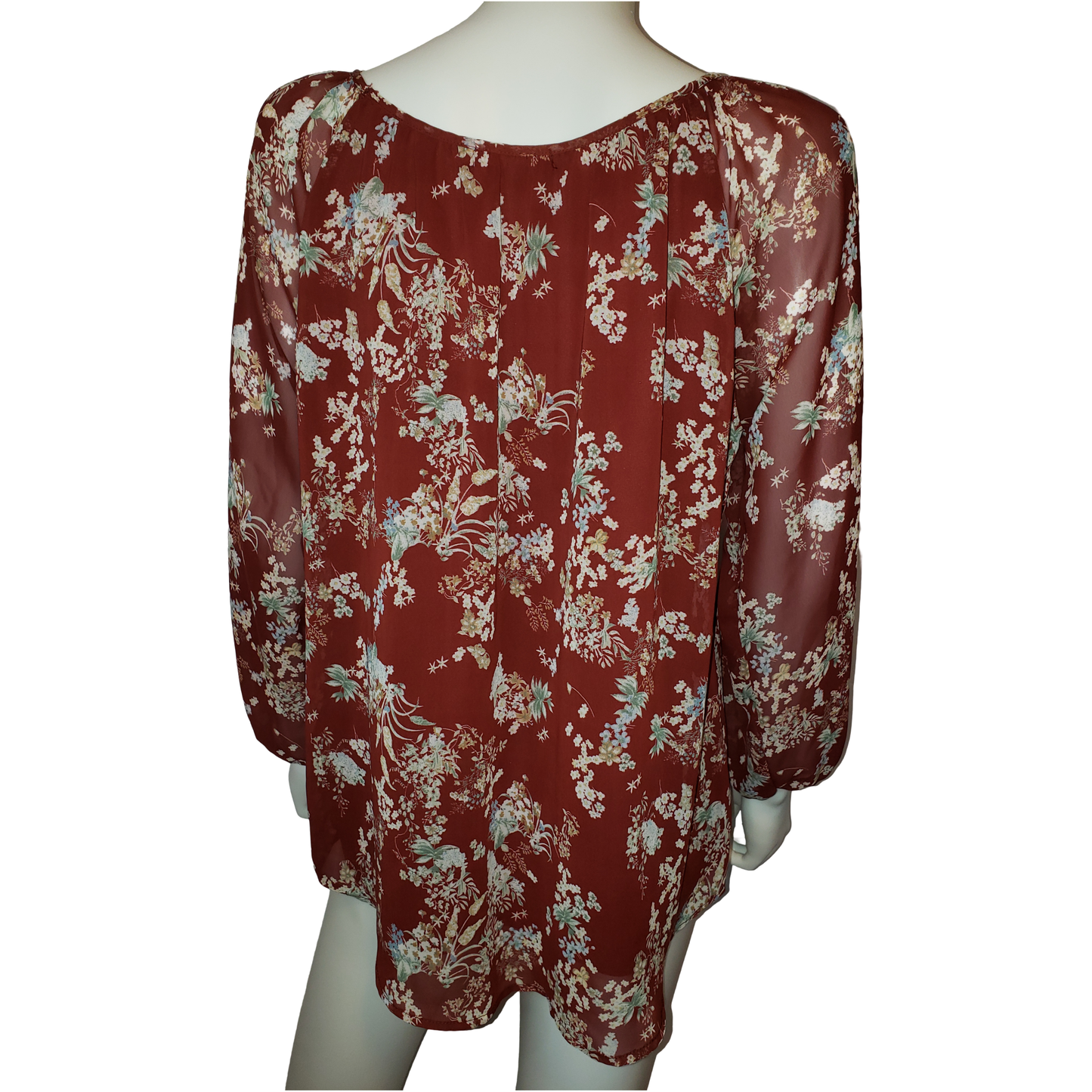 WEST KEI Burgundy Flowers Shirt with Bishop Sleeves, Large