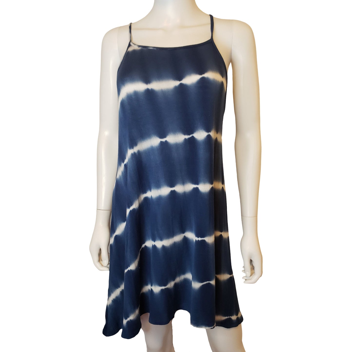 VIBE Blue Tie-Dye Tank Dress with High-Low Hem, Above Knee Length, Large