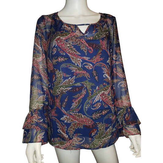 ALYX Paisley Blues Shirt with Long Flounce Sleeves, Large