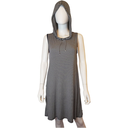 ESPRESSO Navy Striped Tank Dress with Hoodie and Pockets, Above Knee Length, Medium