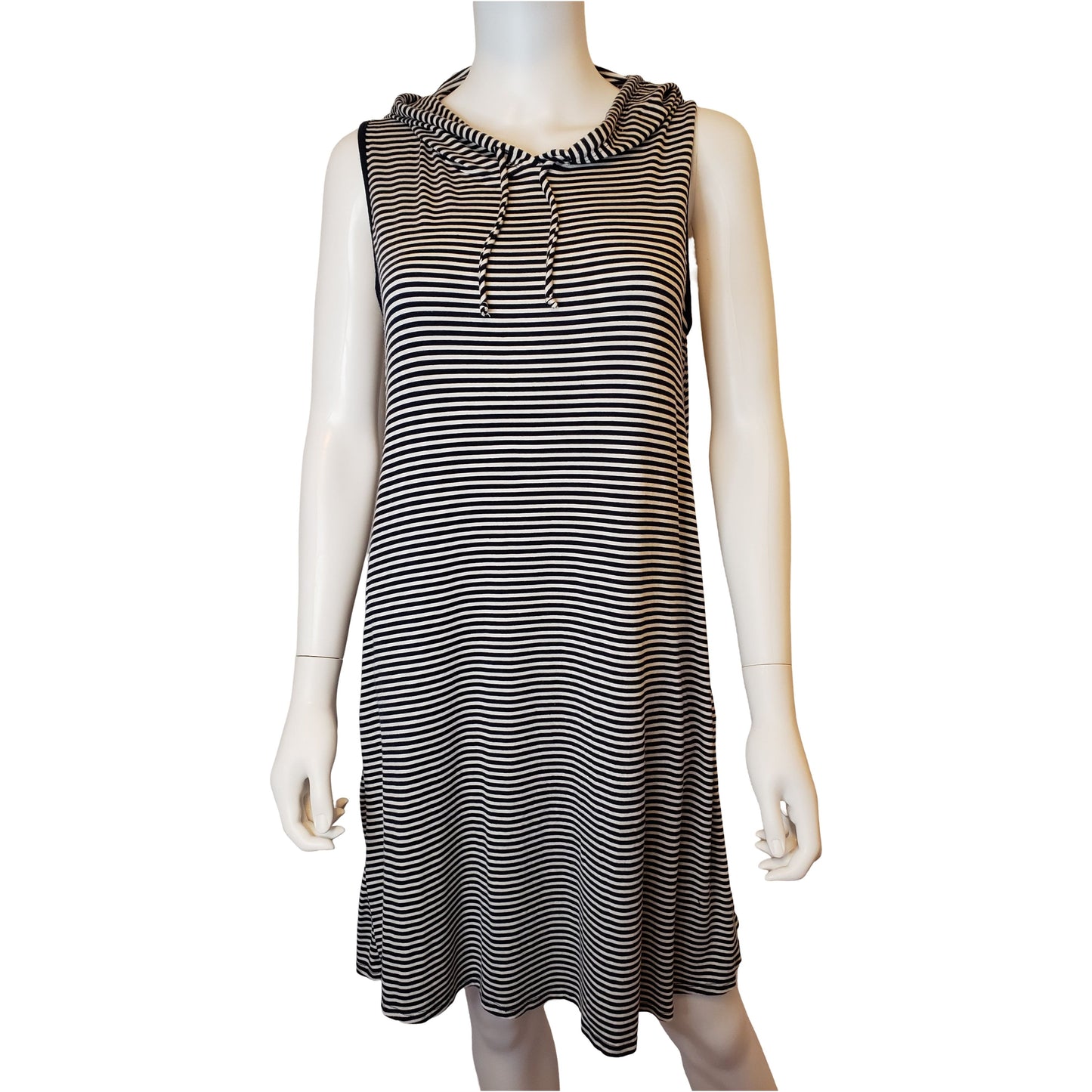 ESPRESSO Navy Striped Tank Dress with Hoodie and Pockets, Above Knee Length, Medium