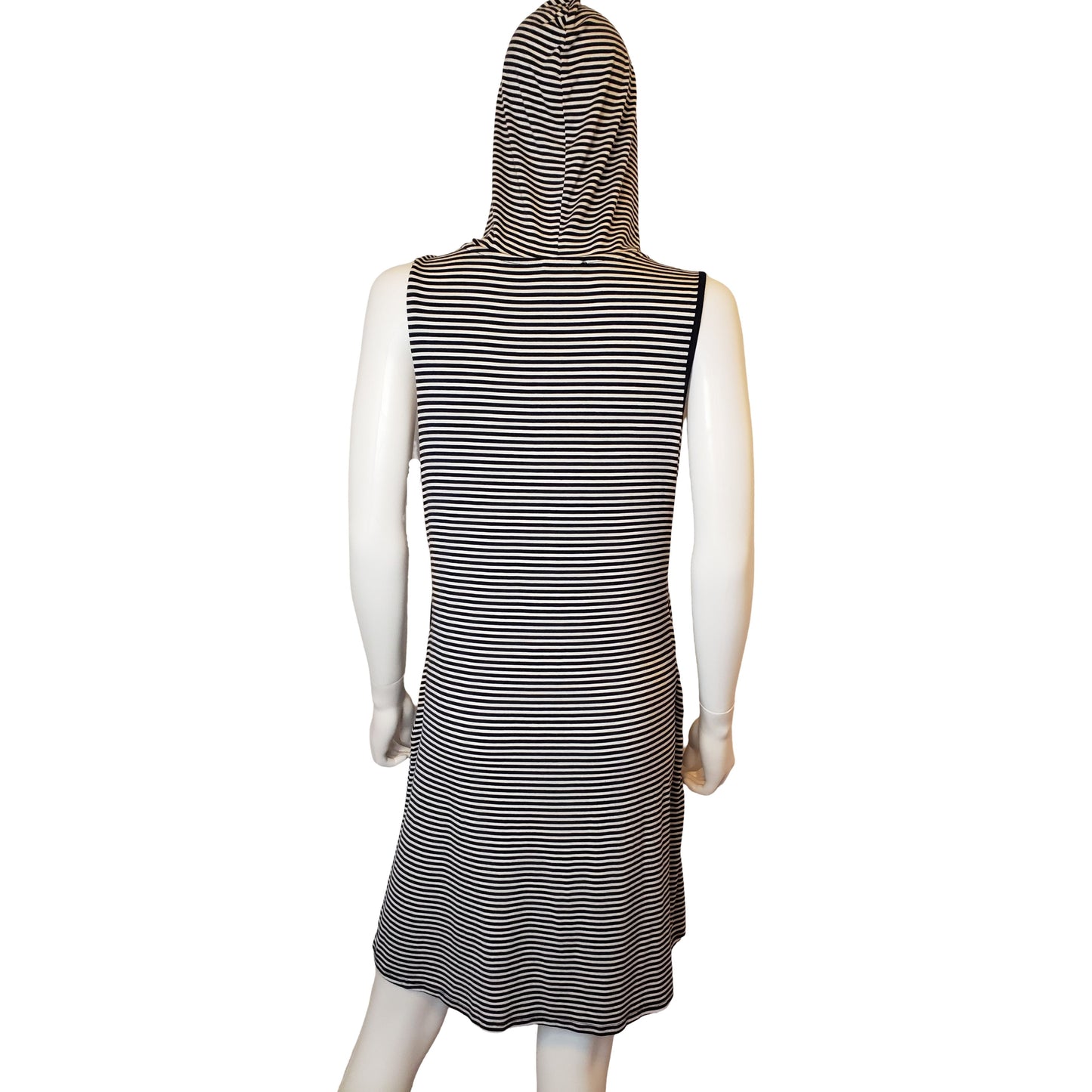 ESPRESSO Navy Striped Tank Dress with Hoodie and Pockets, Above Knee Length, Medium