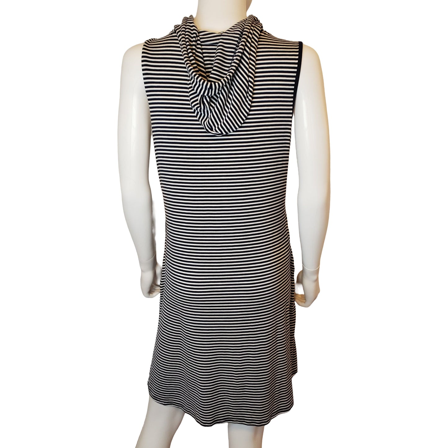 ESPRESSO Navy Striped Tank Dress with Hoodie and Pockets, Above Knee Length, Medium