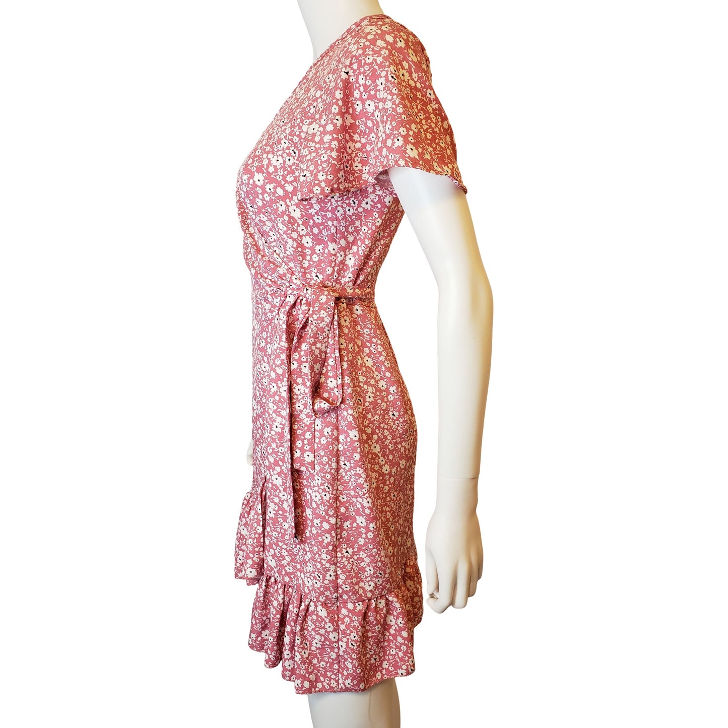 NAGGOO Pretty in Pink Wrap Dress with Petal Sleeves, Above Knee Length, Small