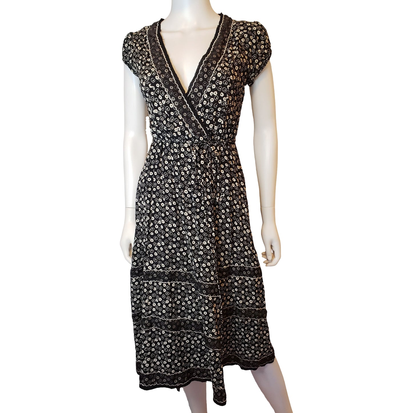 ANGIE Chic Wrap Dress with Deep V and Cap Sleeves, Beneath Knee Length, Medium