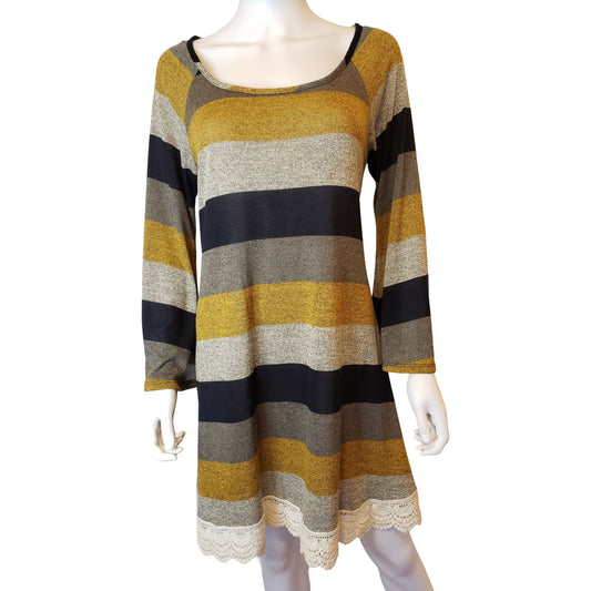 EASEL Sassy Striped Dress with Long Bell Sleeves, Knee Length, Small