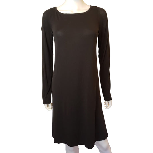 YALA Sheer Black Casual Dress with Long Sleeves, Knee Length, Small