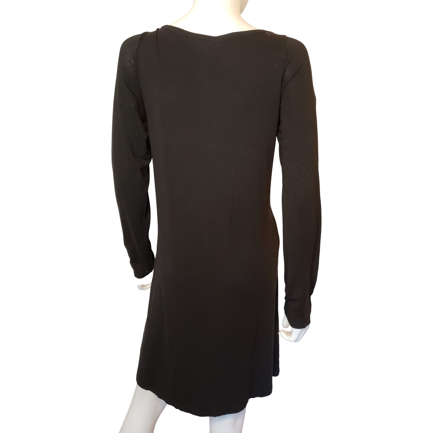 YALA Sheer Black Casual Dress with Long Sleeves, Knee Length, Small