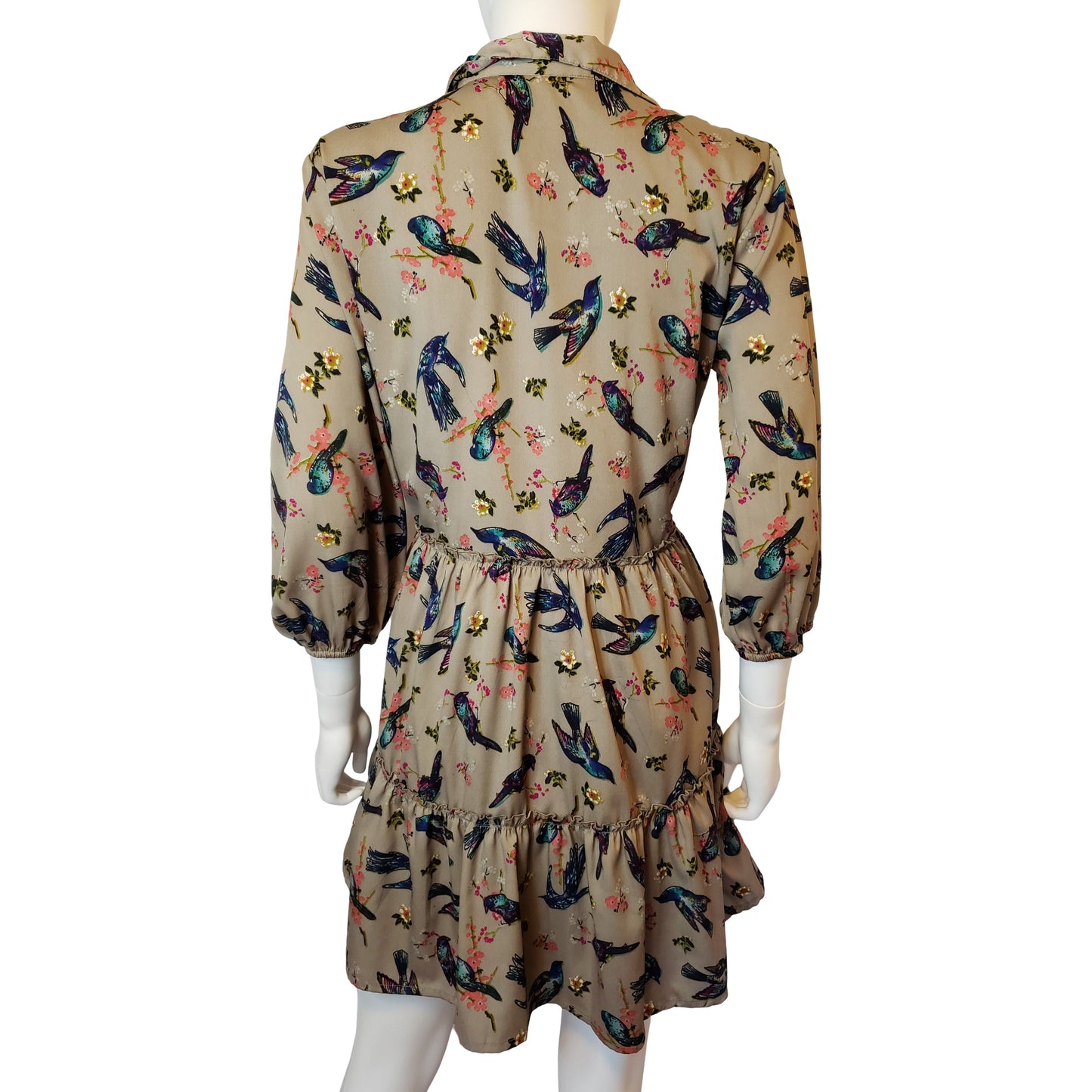 JUST FUNKY Birds of Paradise Dress with Bishop Sleeves and Half-Placket Buttoning, Above Knee Length, Large