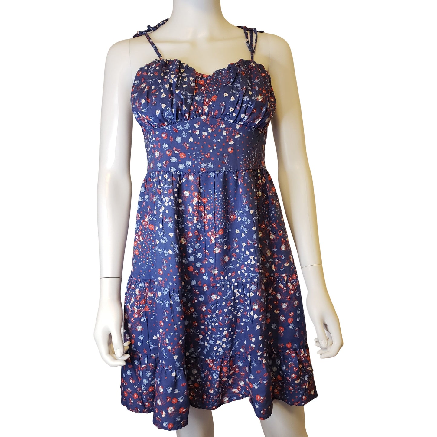 JAPNA Floral Dress with Empire Waist and Adjustable Tie Straps, Mid Thigh Length, Small