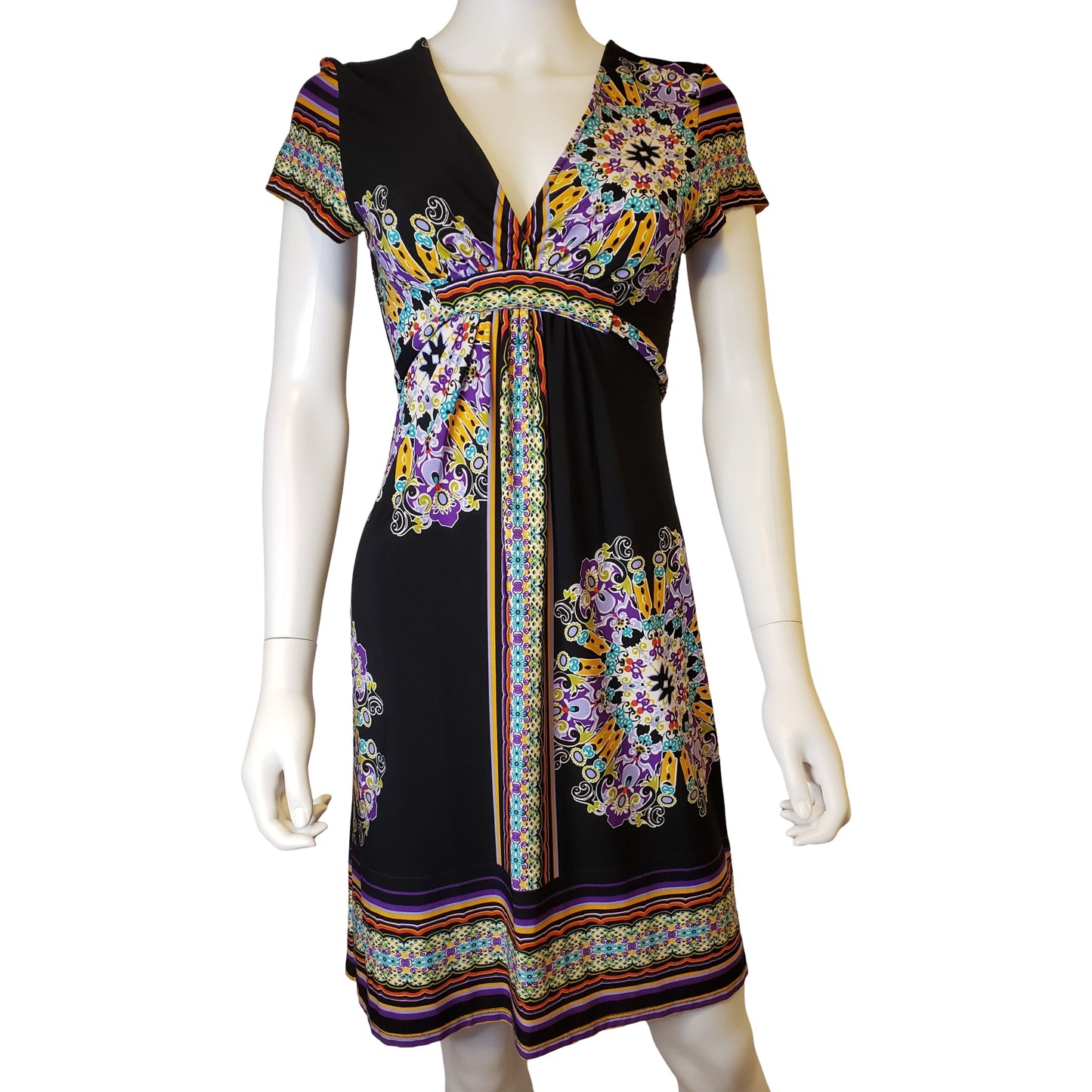 SNAP Floral Mosaic V Neck Dress with Cap Sleeves, Above Knee Length, Small